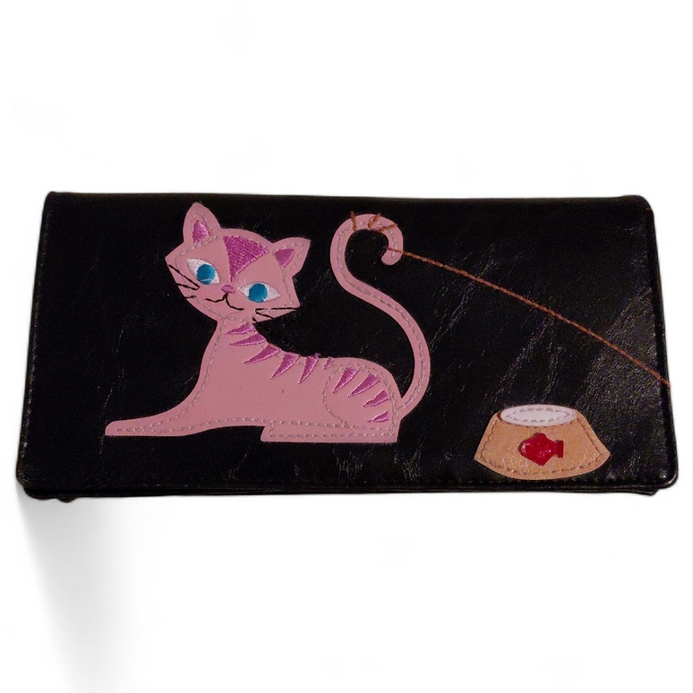 Lavishy Black Wallet with Pink Cat Patched & Embroidered Snap Closure Women